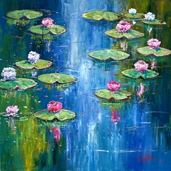 Lirios de Agua en el Estanque II by Villalba - Original Painting on Box Canvas sized 32x32 inches. Available from Whitewall Galleries